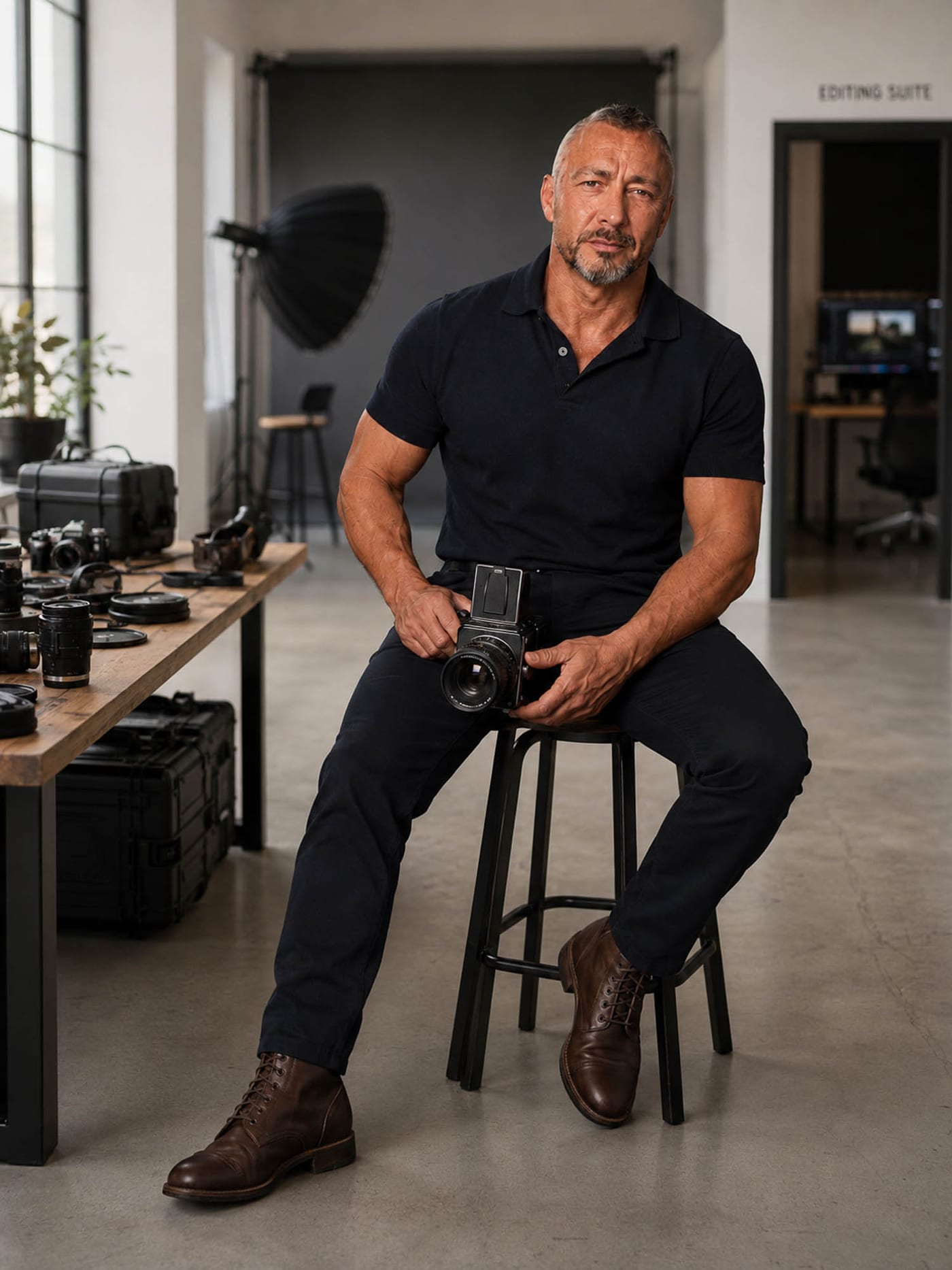 Kirstín Prisk seated in his studio with a medium-format camera